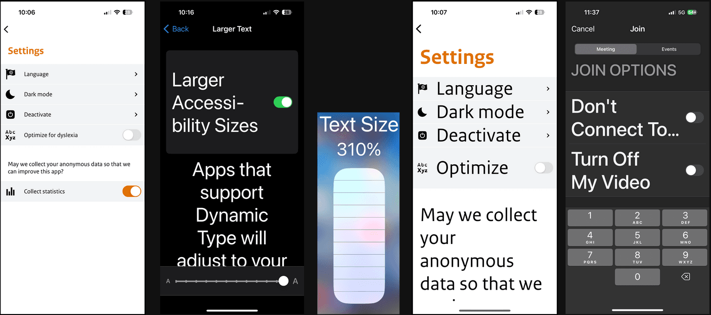 Screenshot of an app with increased font size, none of the text is truncated