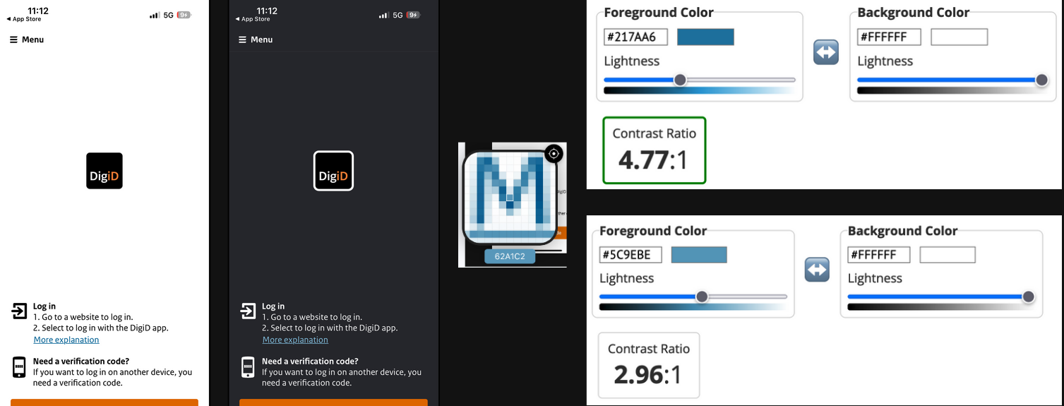 Screenshot of an app, text colors are picked using a color picker, the contrast ratio is 4,77:1
